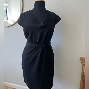 CALVIN KLEIN black stretch belted cowl-neck shift dress